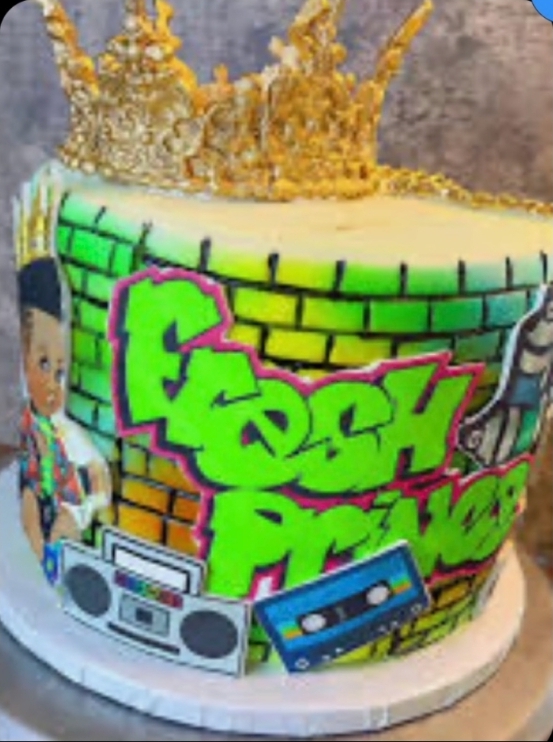 Fresh Prince themed celebration cake closeup